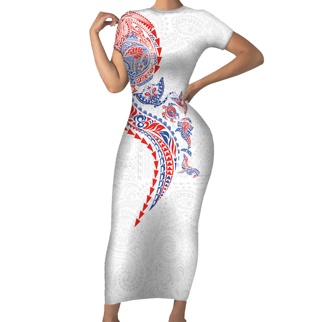 Hawaiian Kakau Tribal Sea Animals Tattoos Short Sleeve Bodycon Dress Hawaii Flag Color Inspired