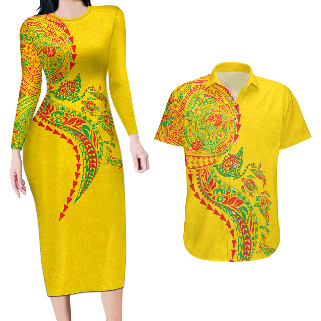 Hawaiian Kakau Tribal Sea Animals Tattoos Couples Matching Long Sleeve Bodycon Dress and Hawaiian Shirt Kanaka Maoli Flag Color Inspired