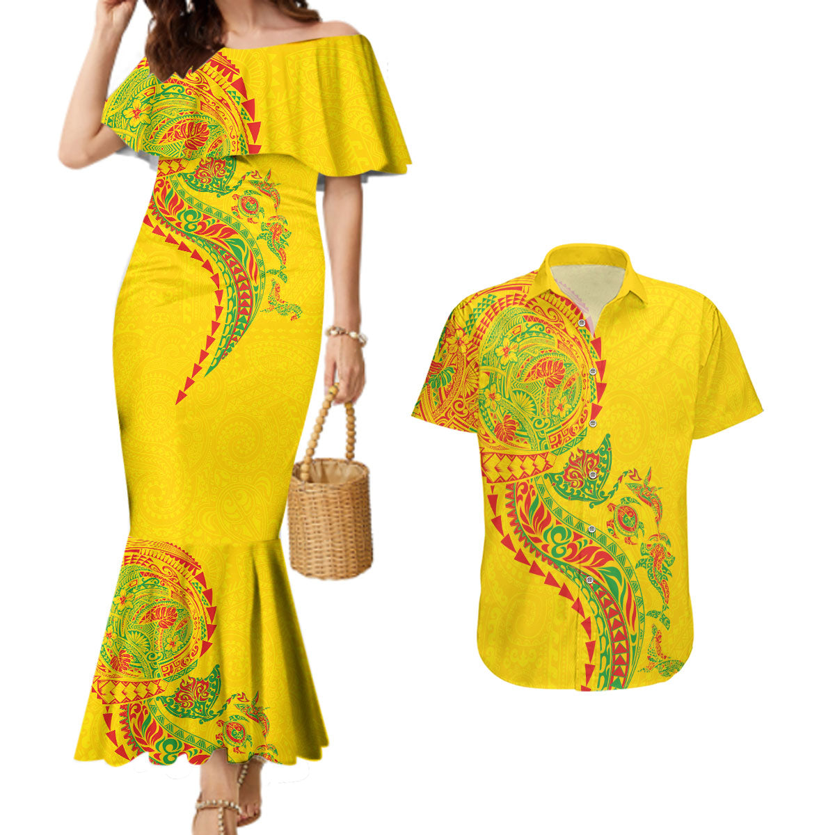 Hawaiian Kakau Tribal Sea Animals Tattoos Couples Matching Mermaid Dress and Hawaiian Shirt Kanaka Maoli Flag Color Inspired