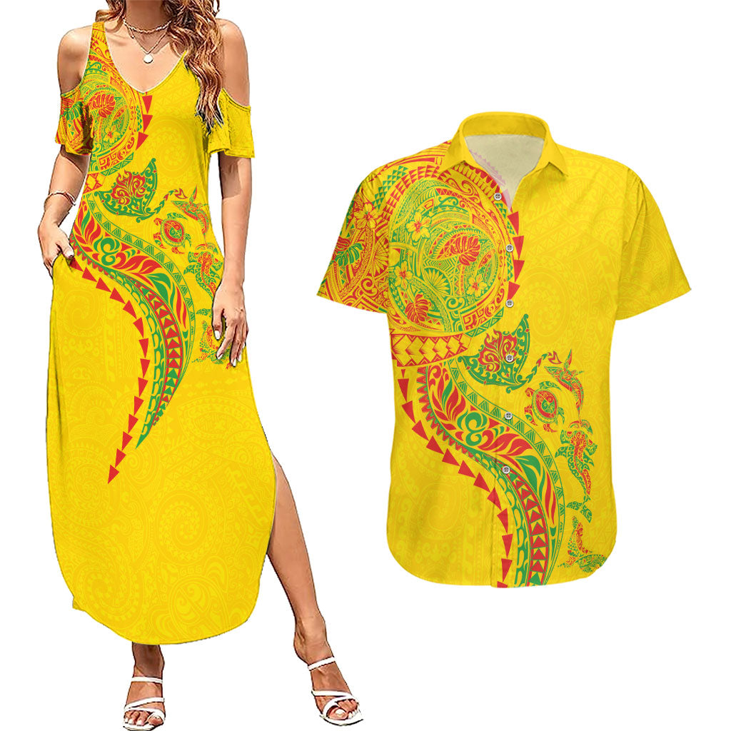 Hawaiian Kakau Tribal Sea Animals Tattoos Couples Matching Summer Maxi Dress and Hawaiian Shirt Kanaka Maoli Flag Color Inspired