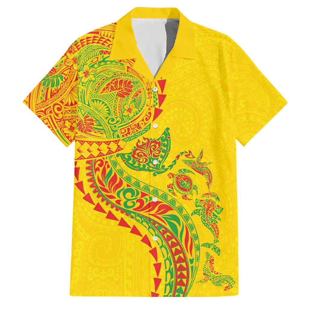Hawaiian Kakau Tribal Sea Animals Tattoos Family Matching Long Sleeve Bodycon Dress and Hawaiian Shirt Kanaka Maoli Flag Color Inspired LT03 Dad's Shirt - Short Sleeve Multicolor - Polynesian Pride