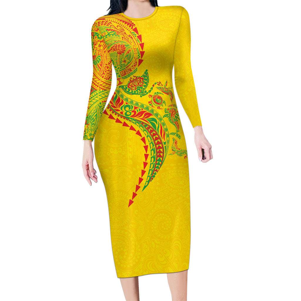 Hawaiian Kakau Tribal Sea Animals Tattoos Family Matching Long Sleeve Bodycon Dress and Hawaiian Shirt Kanaka Maoli Flag Color Inspired LT03 Mom's Dress Multicolor - Polynesian Pride