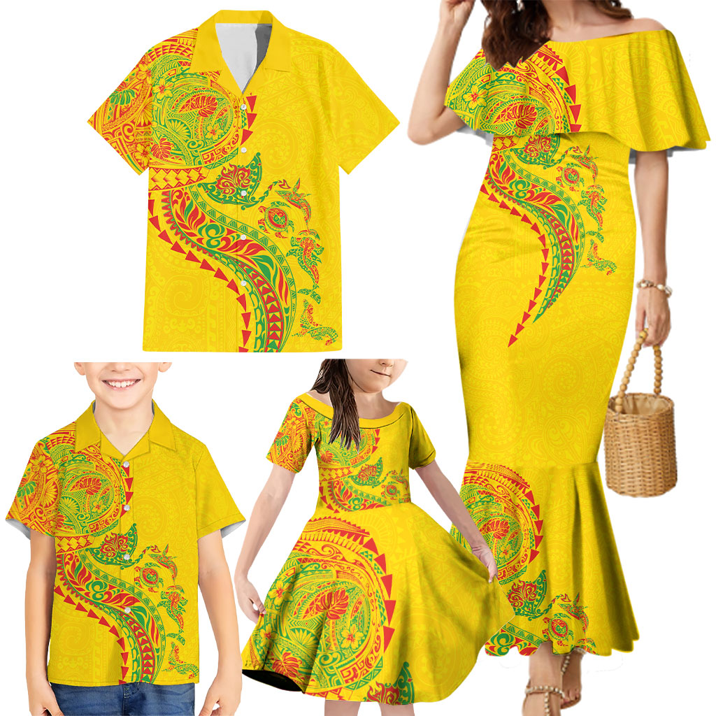 Hawaiian Kakau Tribal Sea Animals Tattoos Family Matching Mermaid Dress and Hawaiian Shirt Kanaka Maoli Flag Color Inspired