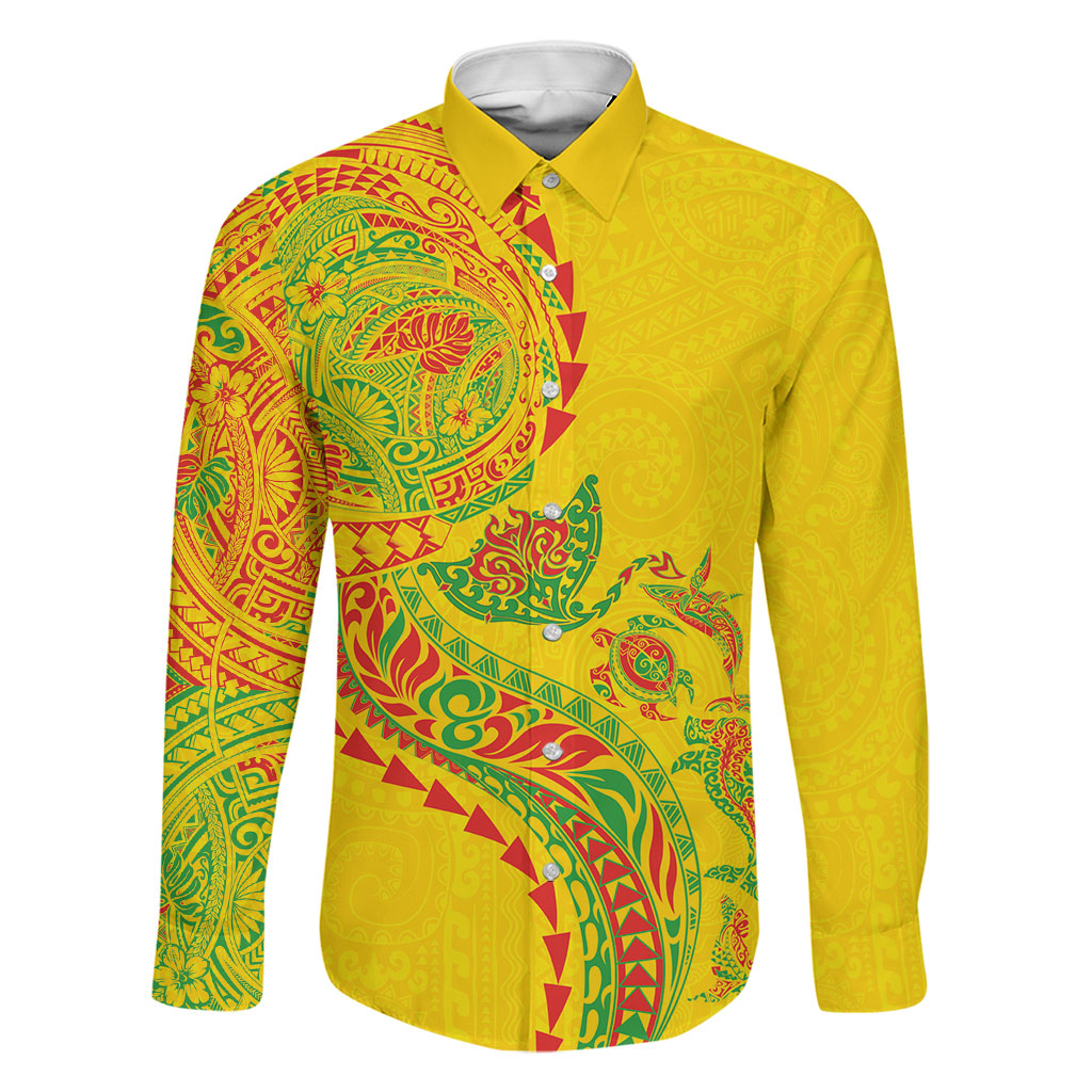 Hawaiian Kakau Tribal Sea Animals Tattoos Family Matching Off Shoulder Short Dress and Hawaiian Shirt Kanaka Maoli Flag Color Inspired LT03 Dad's Shirt - Long Sleeve Multicolor - Polynesian Pride