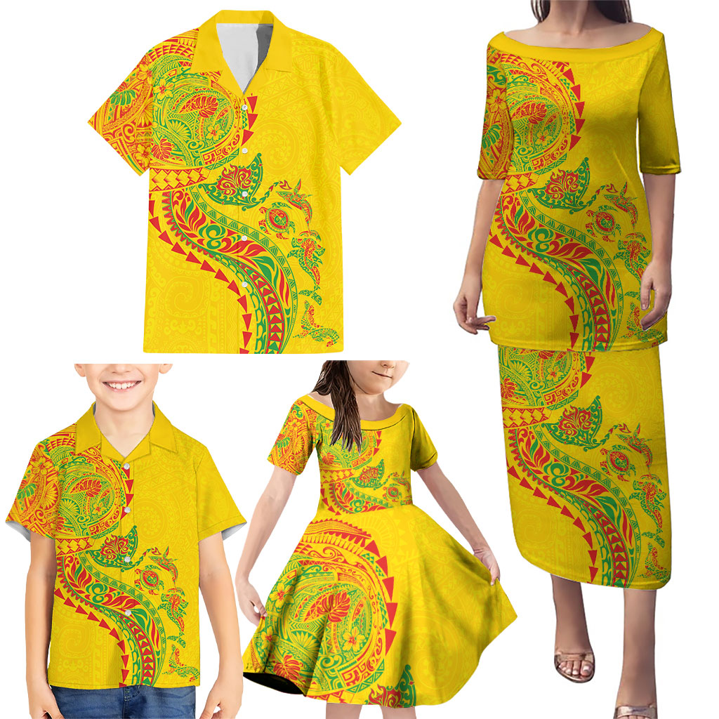 Hawaiian Kakau Tribal Sea Animals Tattoos Family Matching Puletasi and Hawaiian Shirt Kanaka Maoli Flag Color Inspired