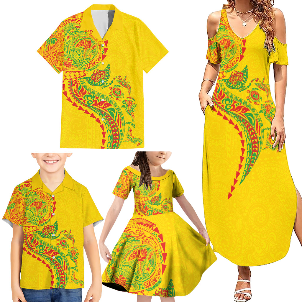 Hawaiian Kakau Tribal Sea Animals Tattoos Family Matching Summer Maxi Dress and Hawaiian Shirt Kanaka Maoli Flag Color Inspired