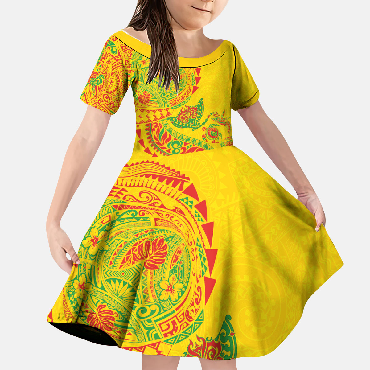 Hawaiian Kakau Tribal Sea Animals Tattoos Kid Short Sleeve Dress Kanaka Maoli Flag Color Inspired