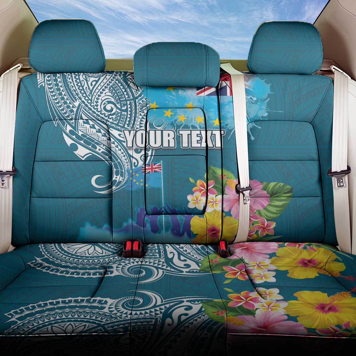 Personalised Tuvalu Independence Day Back Car Seat Cover Tuvaluan Tribal Flag Style LT03 One Size Turquoise - Polynesian Pride