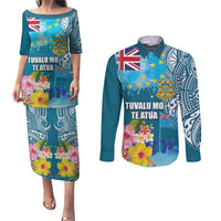 Personalised Tuvalu Independence Day Couples Matching Puletasi and Long Sleeve Button Shirt Tuvaluan Tribal Flag Style LT03 Turquoise - Polynesian Pride