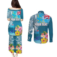 Personalised Tuvalu Independence Day Couples Matching Puletasi and Long Sleeve Button Shirt Tuvaluan Tribal Flag Style LT03 - Polynesian Pride