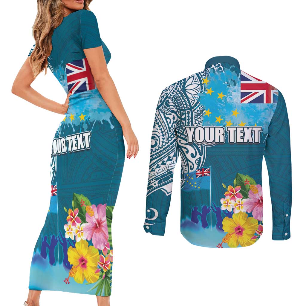 Personalised Tuvalu Independence Day Couples Matching Short Sleeve Bodycon Dress and Long Sleeve Button Shirt Tuvaluan Tribal Flag Style
