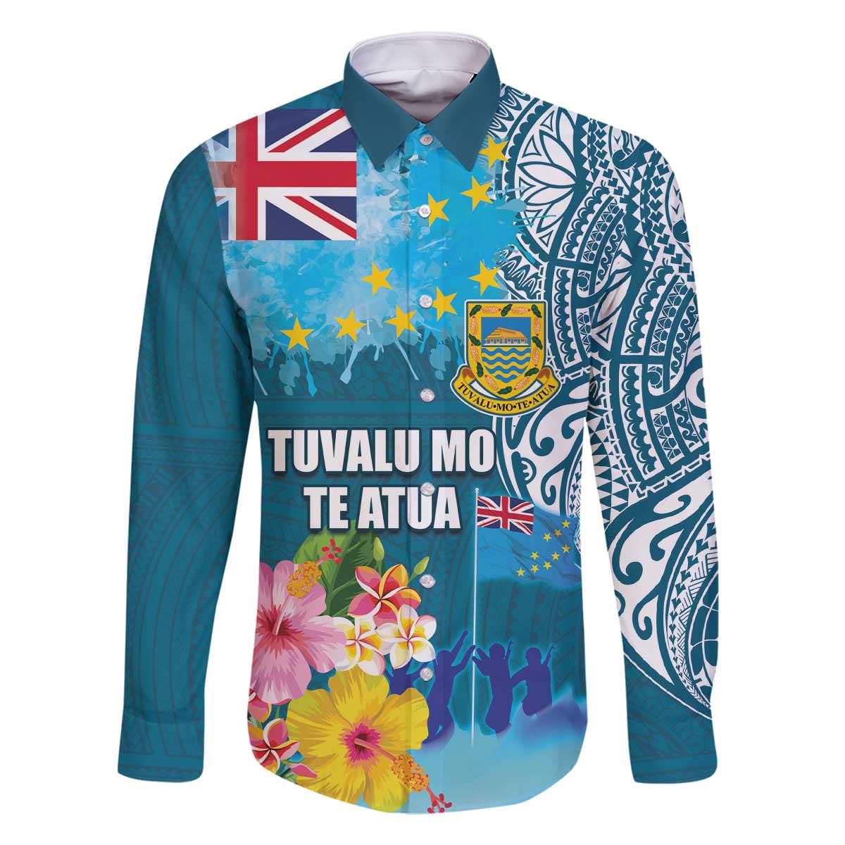 Personalised Tuvalu Independence Day Family Matching Off The Shoulder Long Sleeve Dress and Hawaiian Shirt Tuvaluan Tribal Flag Style