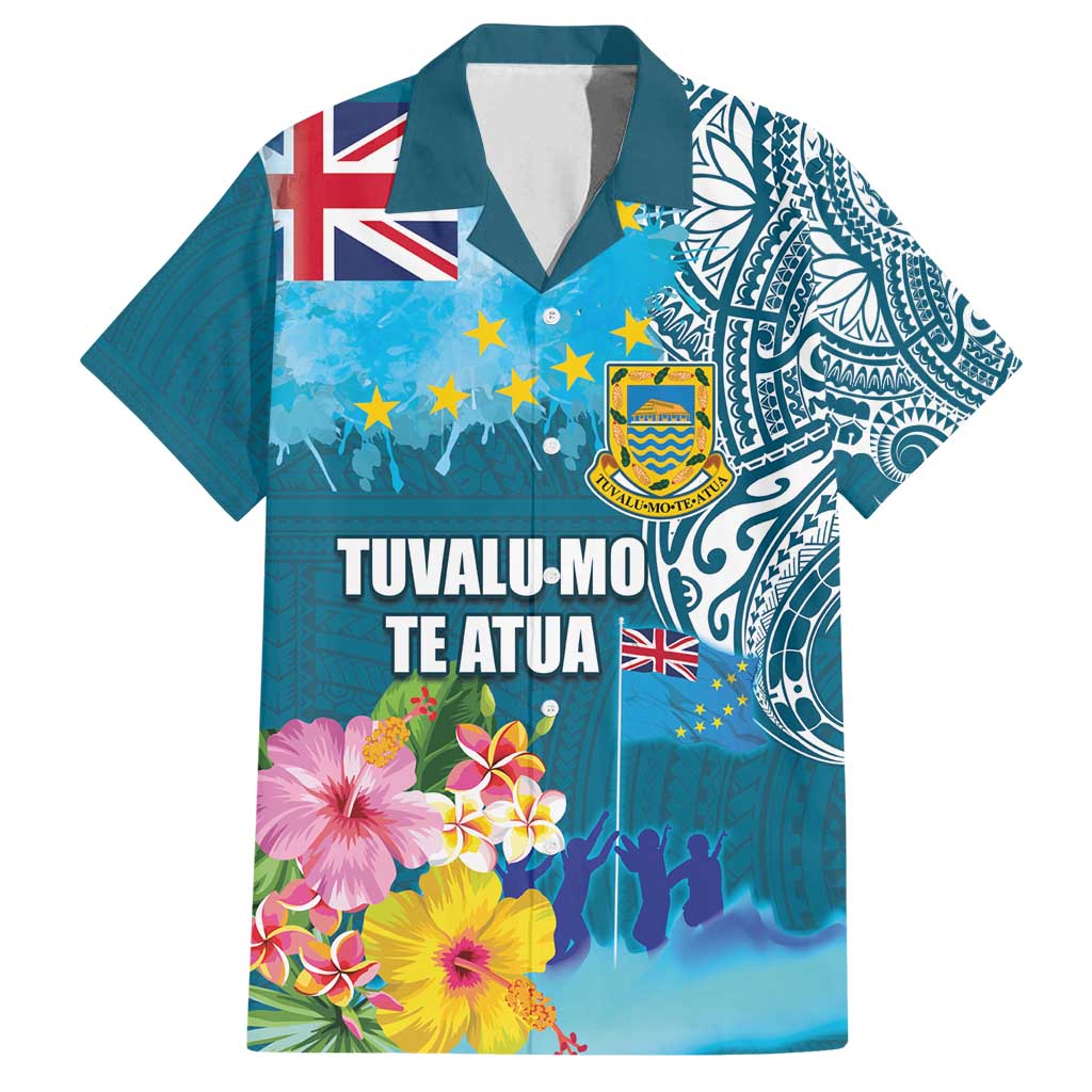 Personalised Tuvalu Independence Day Family Matching Off Shoulder Maxi Dress and Hawaiian Shirt Tuvaluan Tribal Flag Style LT03 Dad's Shirt - Short Sleeve Turquoise - Polynesian Pride