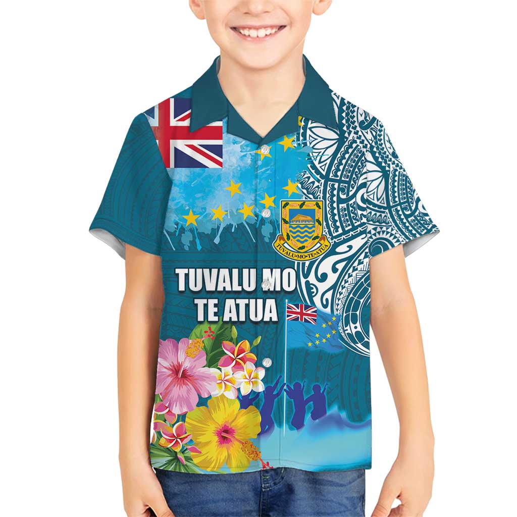 Personalised Tuvalu Independence Day Family Matching Off Shoulder Maxi Dress and Hawaiian Shirt Tuvaluan Tribal Flag Style LT03 Son's Shirt Turquoise - Polynesian Pride