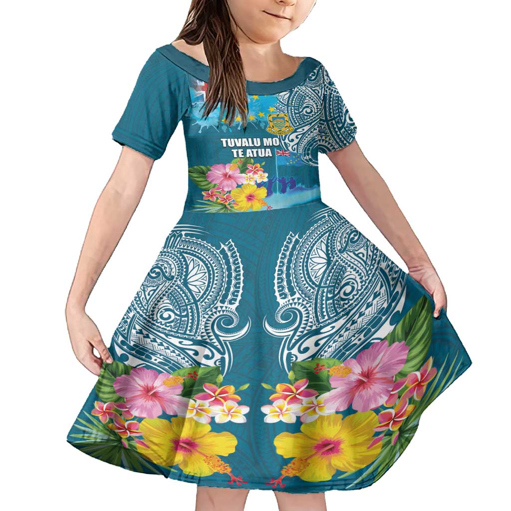 Personalised Tuvalu Independence Day Family Matching Off Shoulder Short Dress and Hawaiian Shirt Tuvaluan Tribal Flag Style LT03 Daughter's Dress Turquoise - Polynesian Pride