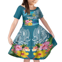 Personalised Tuvalu Independence Day Family Matching Off Shoulder Short Dress and Hawaiian Shirt Tuvaluan Tribal Flag Style LT03 Daughter's Dress Turquoise - Polynesian Pride
