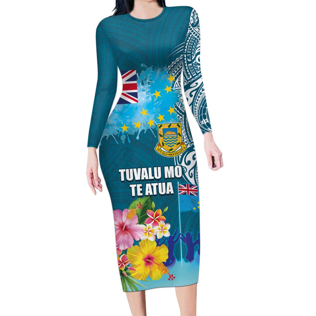 Personalised Tuvalu Independence Day Long Sleeve Bodycon Dress Tuvaluan Tribal Flag Style LT03 Long Dress Turquoise - Polynesian Pride