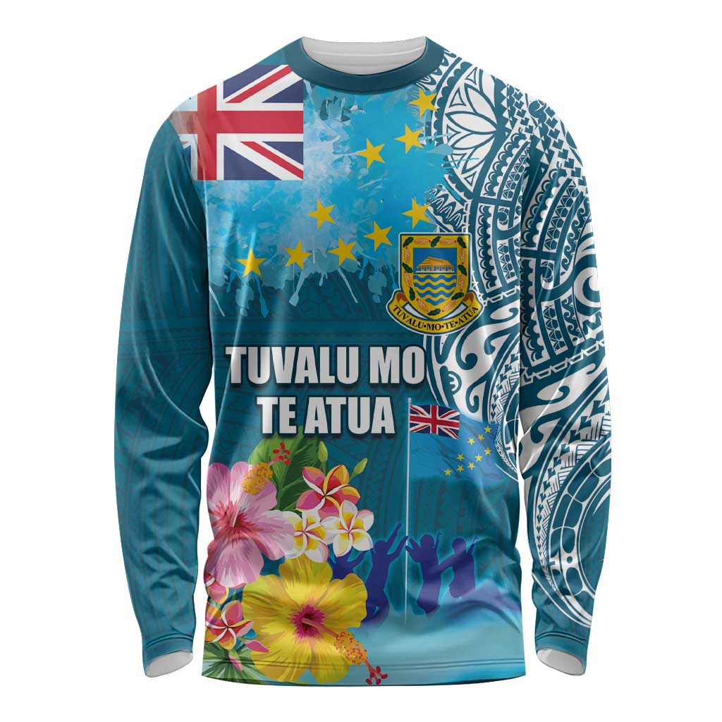 Personalised Tuvalu Independence Day Long Sleeve Shirt Tuvaluan Tribal Flag Style LT03 Unisex Turquoise - Polynesian Pride