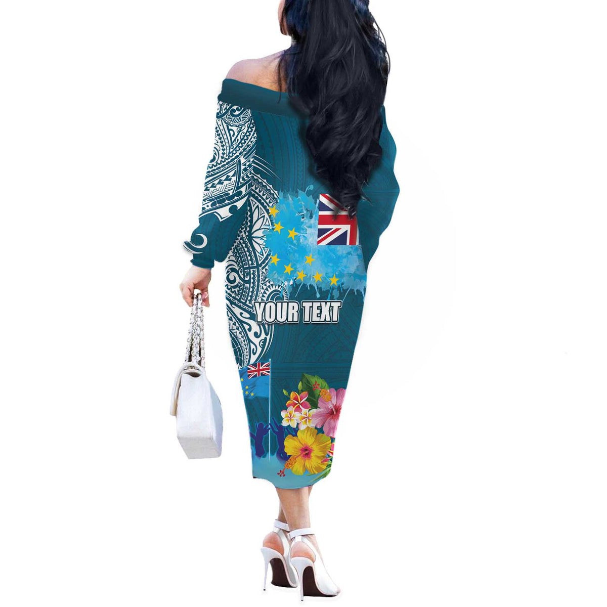 Personalised Tuvalu Independence Day Off The Shoulder Long Sleeve Dress Tuvaluan Tribal Flag Style LT03 - Polynesian Pride
