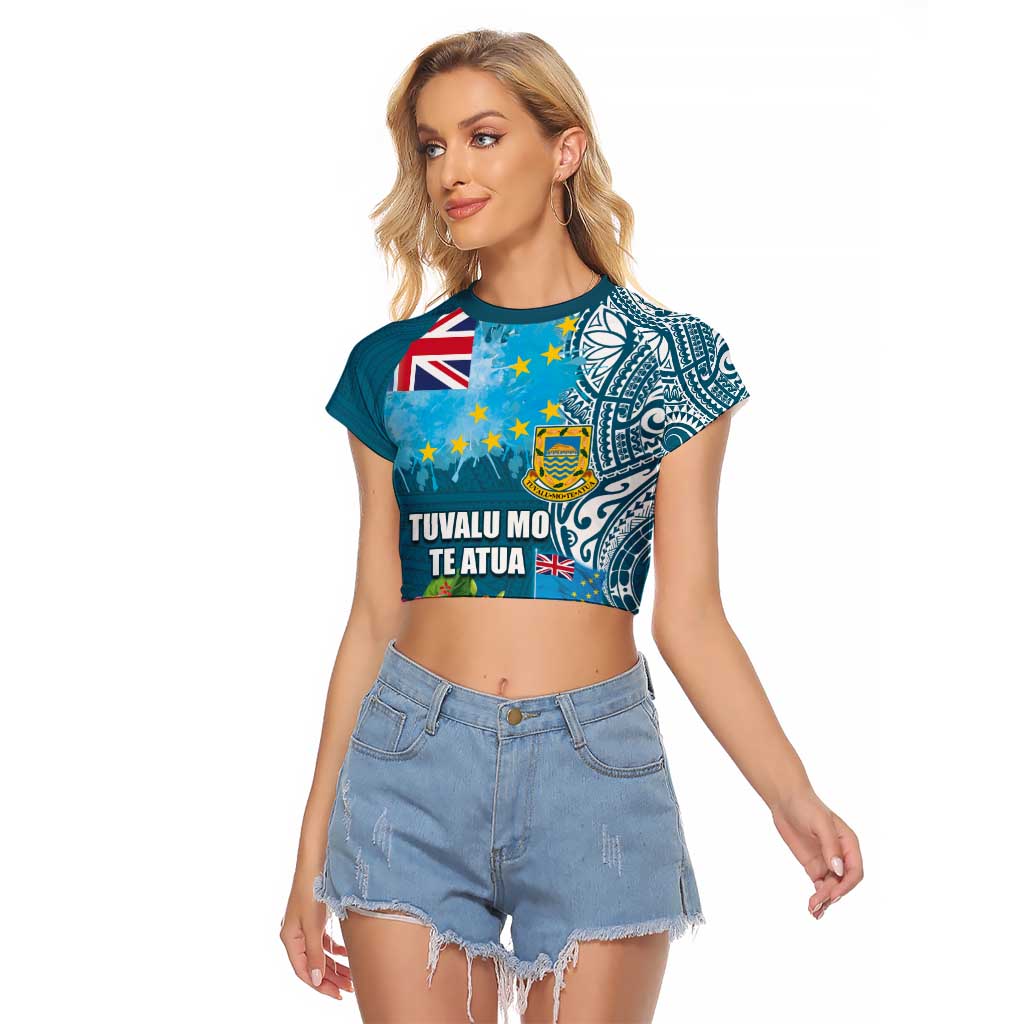 Personalised Tuvalu Independence Day Raglan Cropped T Shirt Tuvaluan Tribal Flag Style LT03 Female Turquoise - Polynesian Pride