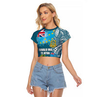 Personalised Tuvalu Independence Day Raglan Cropped T Shirt Tuvaluan Tribal Flag Style LT03 Female Turquoise - Polynesian Pride