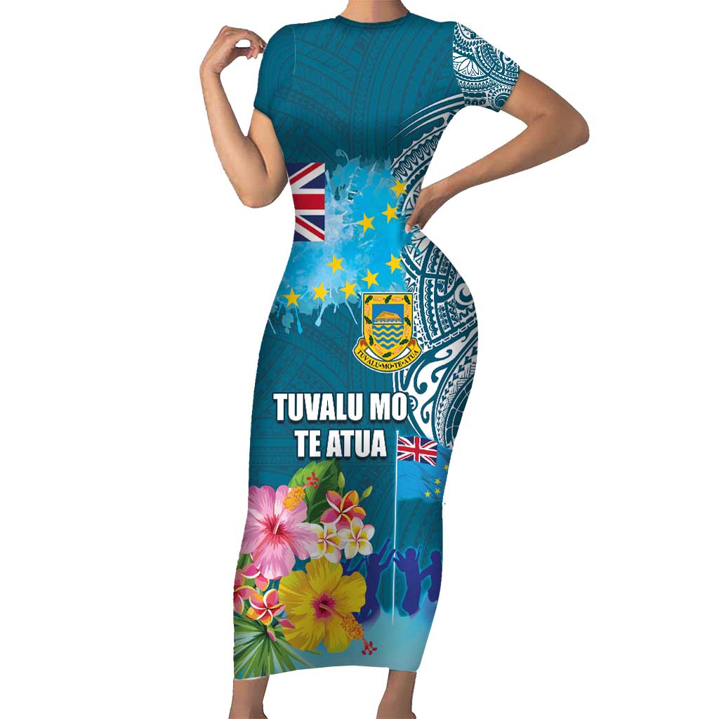 Personalised Tuvalu Independence Day Short Sleeve Bodycon Dress Tuvaluan Tribal Flag Style LT03 Long Dress Turquoise - Polynesian Pride