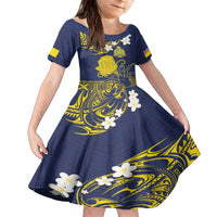 Niue Independence Day Family Matching Long Sleeve Bodycon Dress and Hawaiian Shirt Hiapo Pattern Fiti Pua and Uga LT03 Daughter's Dress Yellow - Polynesian Pride