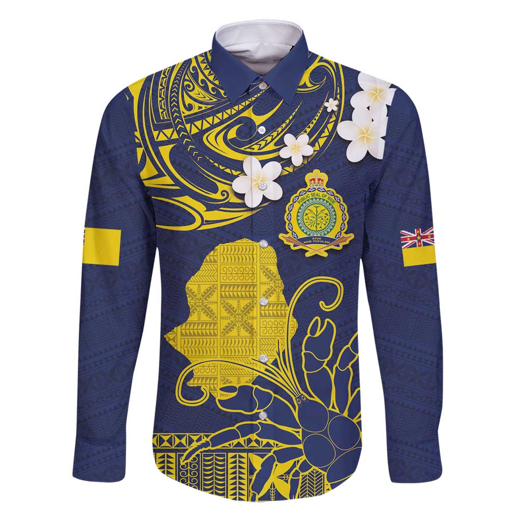 Niue Independence Day Family Matching Long Sleeve Bodycon Dress and Hawaiian Shirt Hiapo Pattern Fiti Pua and Uga LT03 Dad's Shirt - Long Sleeve Yellow - Polynesian Pride