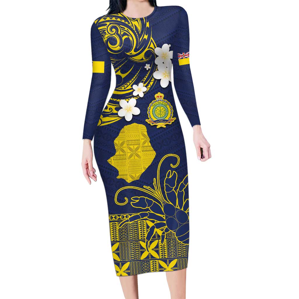 Niue Independence Day Long Sleeve Bodycon Dress Hiapo Pattern Fiti Pua and Uga LT03 Long Dress Yellow - Polynesian Pride