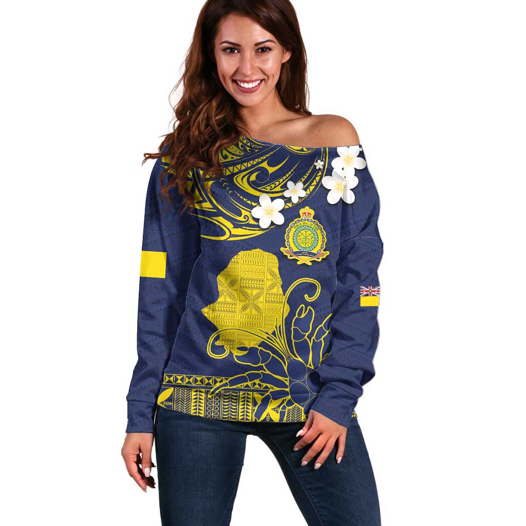 Niue Independence Day Off Shoulder Sweater Hiapo Pattern Fiti Pua and Uga LT03 Women Yellow - Polynesian Pride