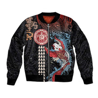 Hawaii and Japanese Together Bomber Jacket Koi Fish and Kakau Pattern LT03 Unisex Black - Polynesian Pride