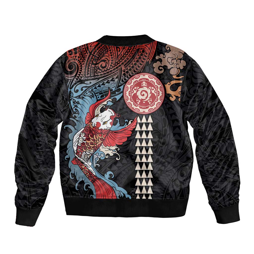 Hawaii and Japanese Together Bomber Jacket Koi Fish and Kakau Pattern LT03 - Polynesian Pride