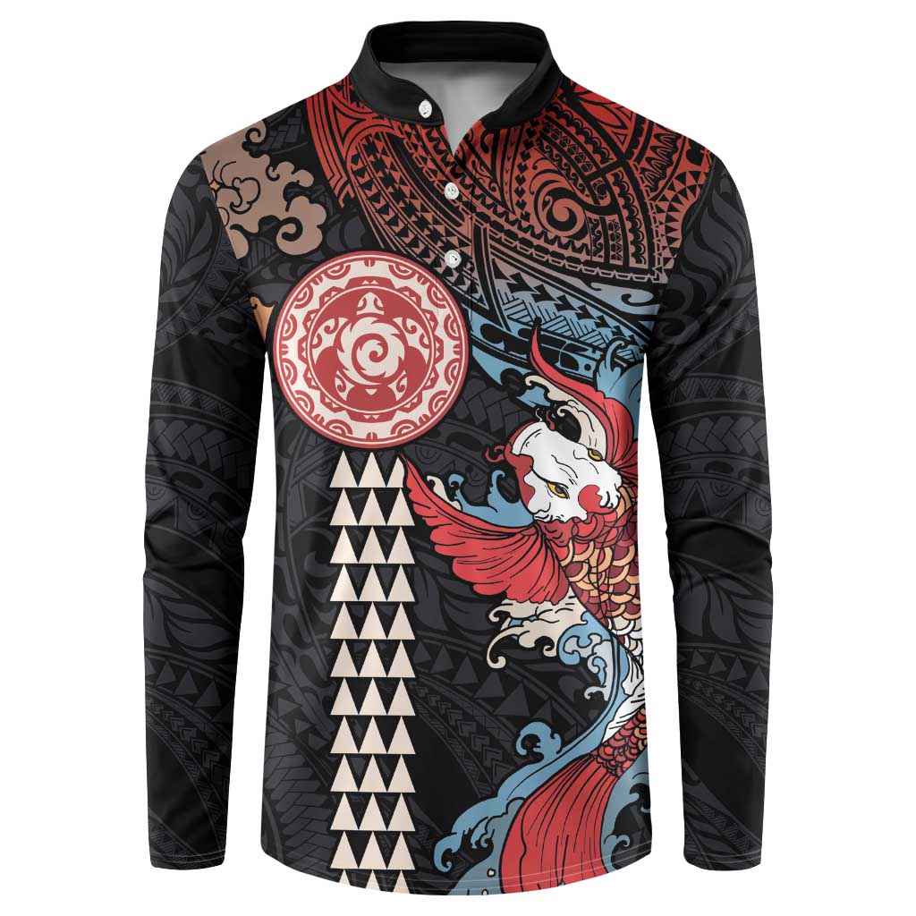 Hawaii and Japanese Together Button Sweatshirt Koi Fish and Kakau Pattern