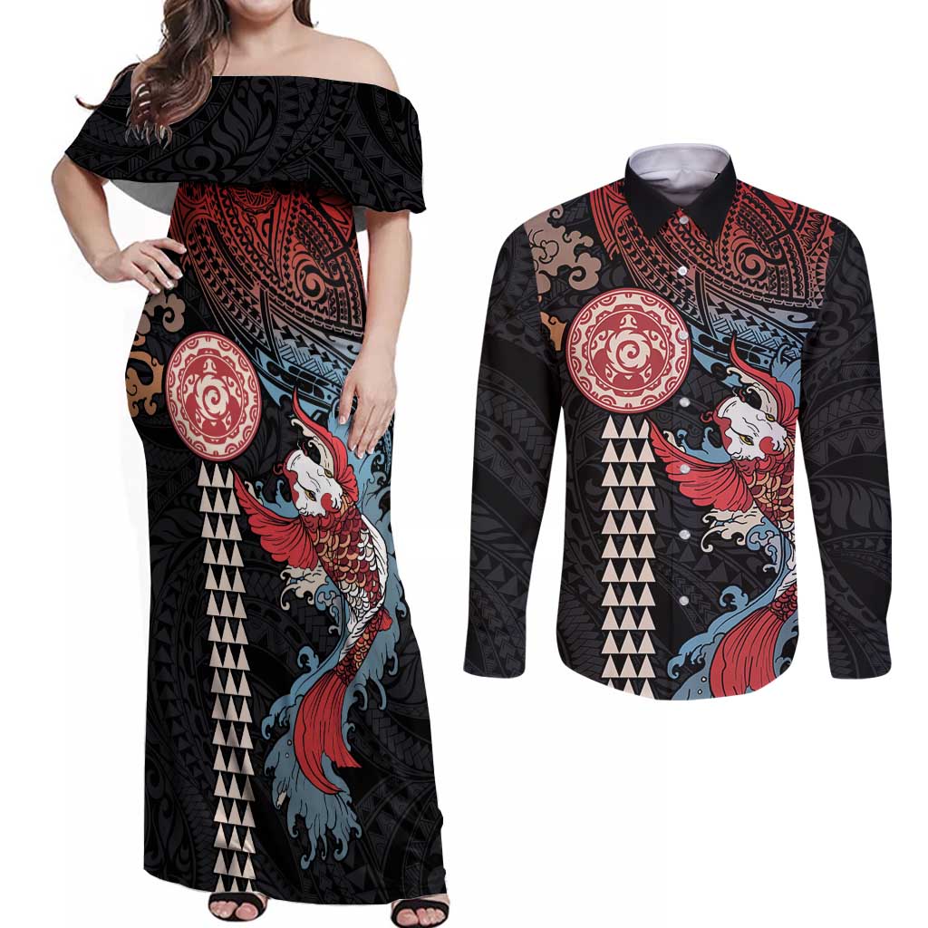 Hawaii and Japanese Together Couples Matching Off Shoulder Maxi Dress and Long Sleeve Button Shirt Koi Fish and Kakau Pattern