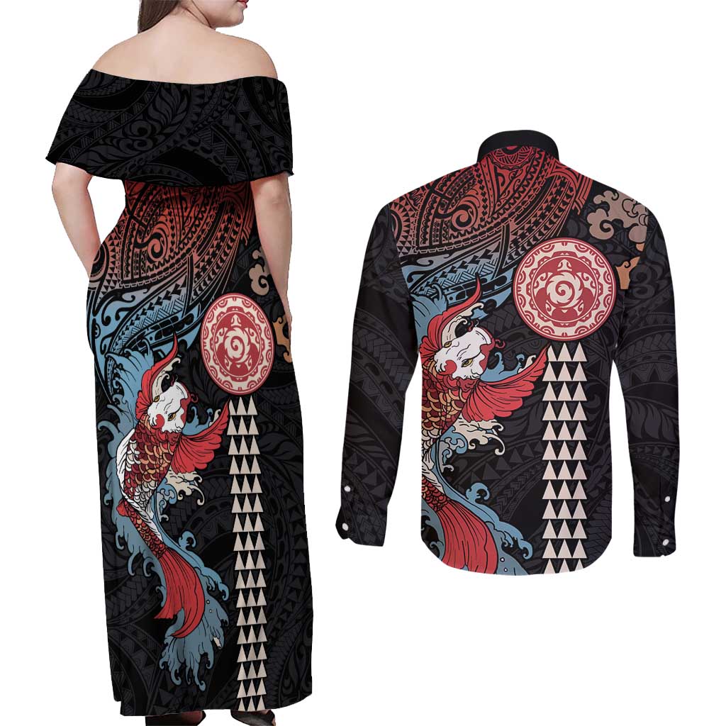 Hawaii and Japanese Together Couples Matching Off Shoulder Maxi Dress and Long Sleeve Button Shirt Koi Fish and Kakau Pattern
