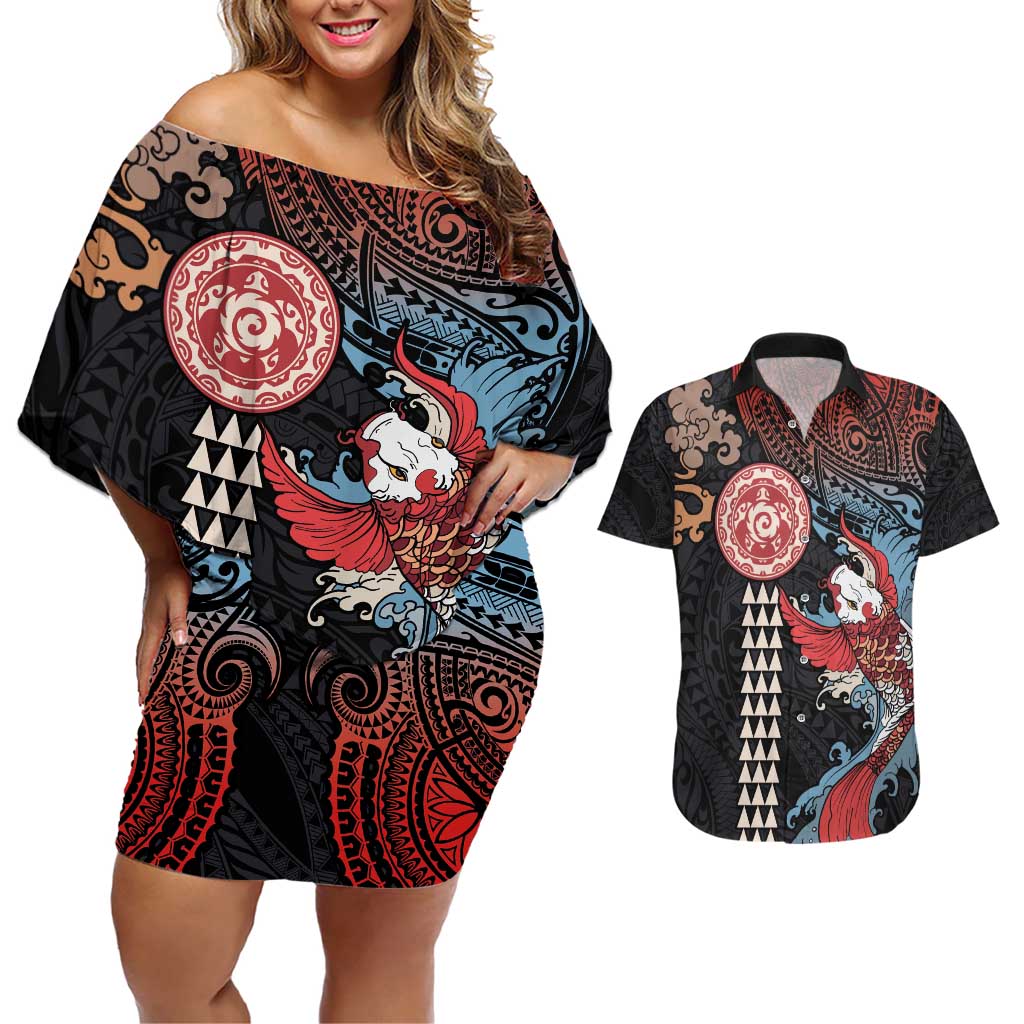 Hawaii and Japanese Together Couples Matching Off Shoulder Short Dress and Hawaiian Shirt Koi Fish and Kakau Pattern