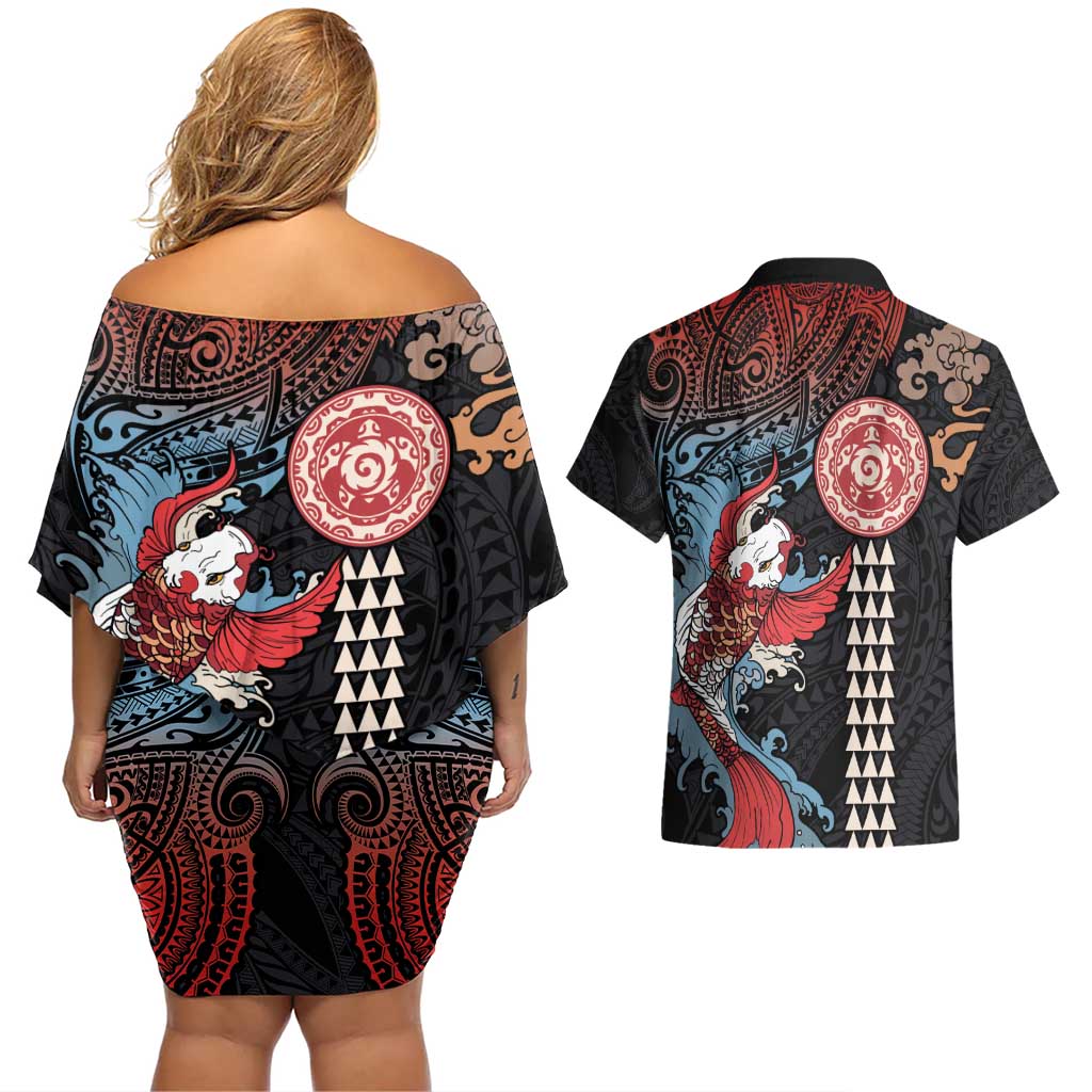 Hawaii and Japanese Together Couples Matching Off Shoulder Short Dress and Hawaiian Shirt Koi Fish and Kakau Pattern
