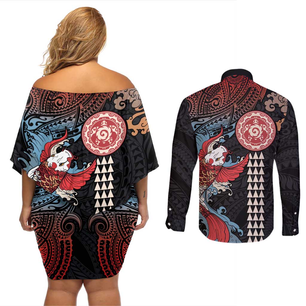 Hawaii and Japanese Together Couples Matching Off Shoulder Short Dress and Long Sleeve Button Shirt Koi Fish and Kakau Pattern