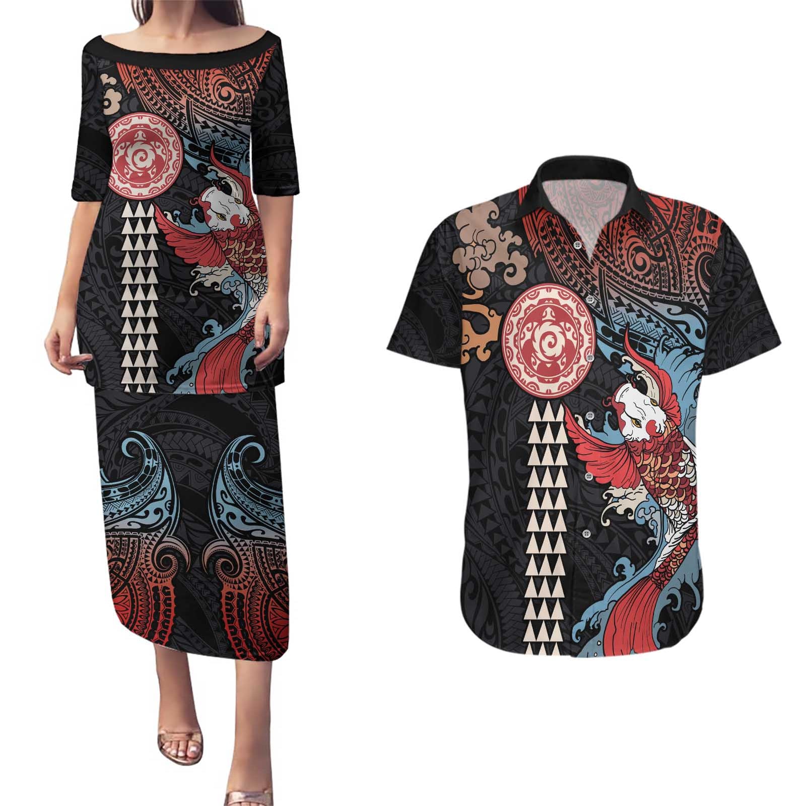 Hawaii and Japanese Together Couples Matching Puletasi and Hawaiian Shirt Koi Fish and Kakau Pattern