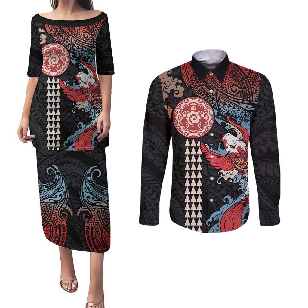 Hawaii and Japanese Together Couples Matching Puletasi and Long Sleeve Button Shirt Koi Fish and Kakau Pattern