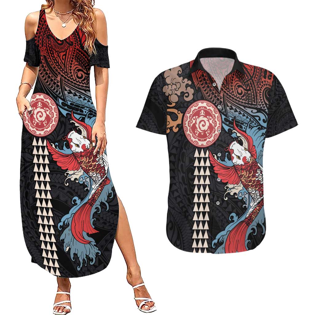 Hawaii and Japanese Together Couples Matching Summer Maxi Dress and Hawaiian Shirt Koi Fish and Kakau Pattern