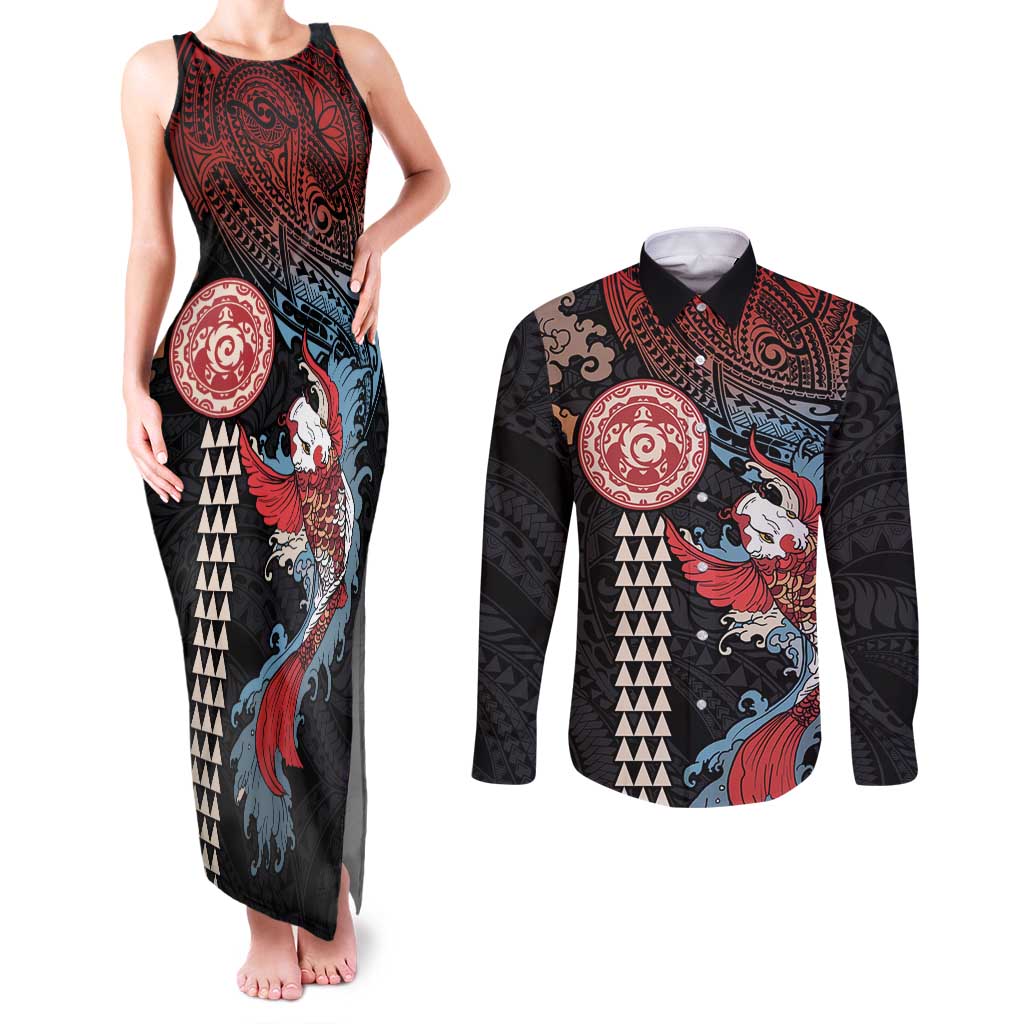 Hawaii and Japanese Together Couples Matching Tank Maxi Dress and Long Sleeve Button Shirt Koi Fish and Kakau Pattern