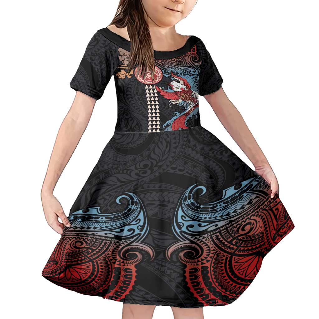 Hawaii and Japanese Together Family Matching Tank Maxi Dress and Hawaiian Shirt Koi Fish and Kakau Pattern LT03 Daughter's Dress Black - Polynesian Pride