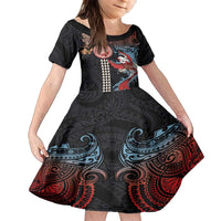 Hawaii and Japanese Together Family Matching Tank Maxi Dress and Hawaiian Shirt Koi Fish and Kakau Pattern LT03 Daughter's Dress Black - Polynesian Pride