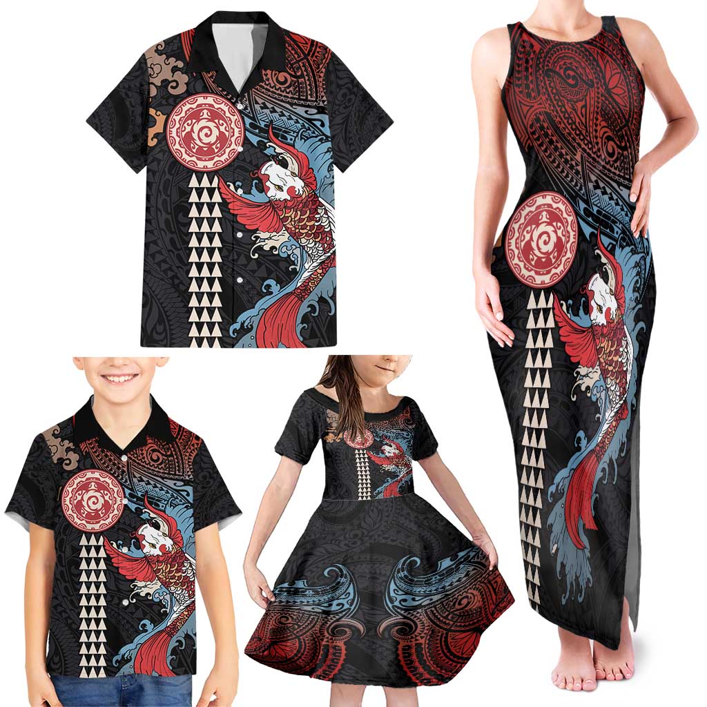 Hawaii and Japanese Together Family Matching Tank Maxi Dress and Hawaiian Shirt Koi Fish and Kakau Pattern