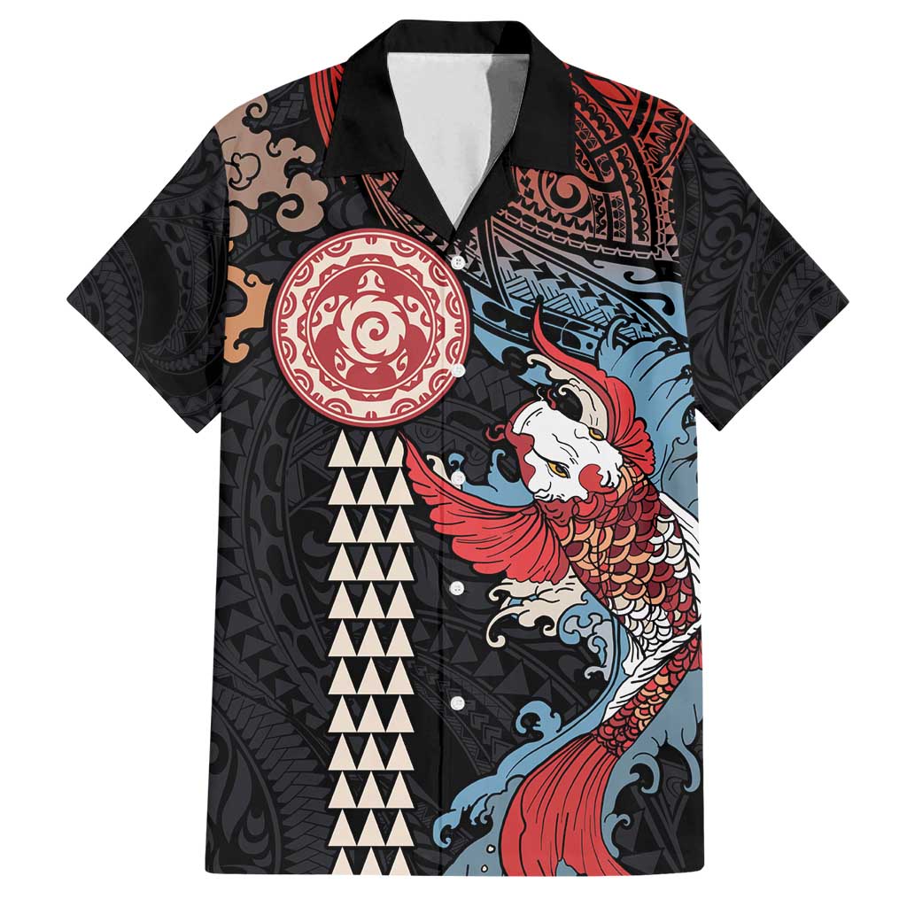 Hawaii and Japanese Together Family Matching Tank Maxi Dress and Hawaiian Shirt Koi Fish and Kakau Pattern LT03 Dad's Shirt - Short Sleeve Black - Polynesian Pride