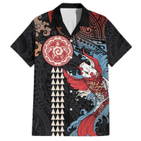Hawaii and Japanese Together Family Matching Tank Maxi Dress and Hawaiian Shirt Koi Fish and Kakau Pattern LT03 Dad's Shirt - Short Sleeve Black - Polynesian Pride