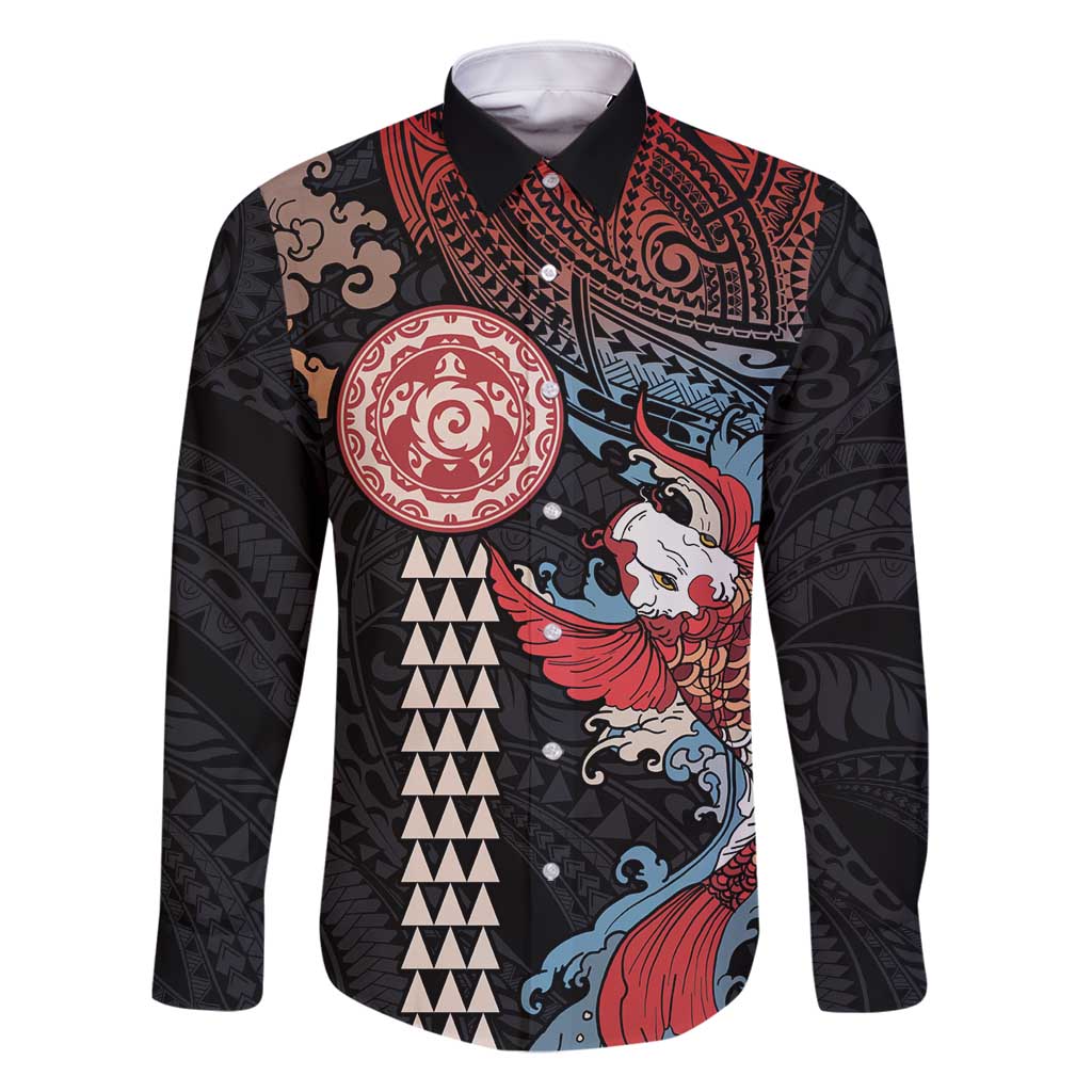Hawaii and Japanese Together Family Matching Tank Maxi Dress and Hawaiian Shirt Koi Fish and Kakau Pattern LT03 Dad's Shirt - Long Sleeve Black - Polynesian Pride