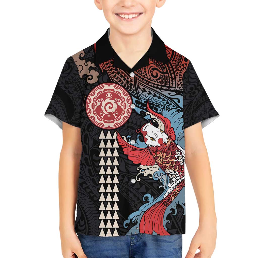 Hawaii and Japanese Together Family Matching Tank Maxi Dress and Hawaiian Shirt Koi Fish and Kakau Pattern LT03 Son's Shirt Black - Polynesian Pride