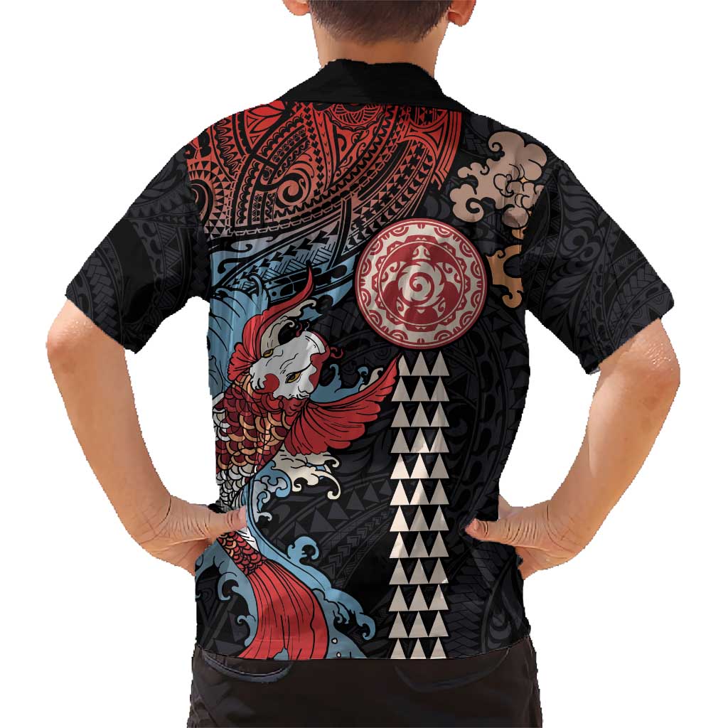 Hawaii and Japanese Together Kid Hawaiian Shirt Koi Fish and Kakau Pattern